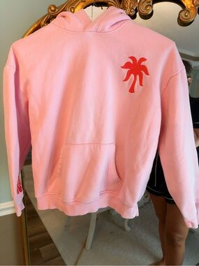 Pink Palm Puff Everything Comes in Waves Pink Embroidered Hoodie Size S